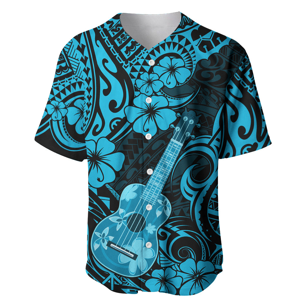 Hawaii Ukulele Baseball Jersey Polynesian Pattern Sky Blue Version - Wonder Print Shop