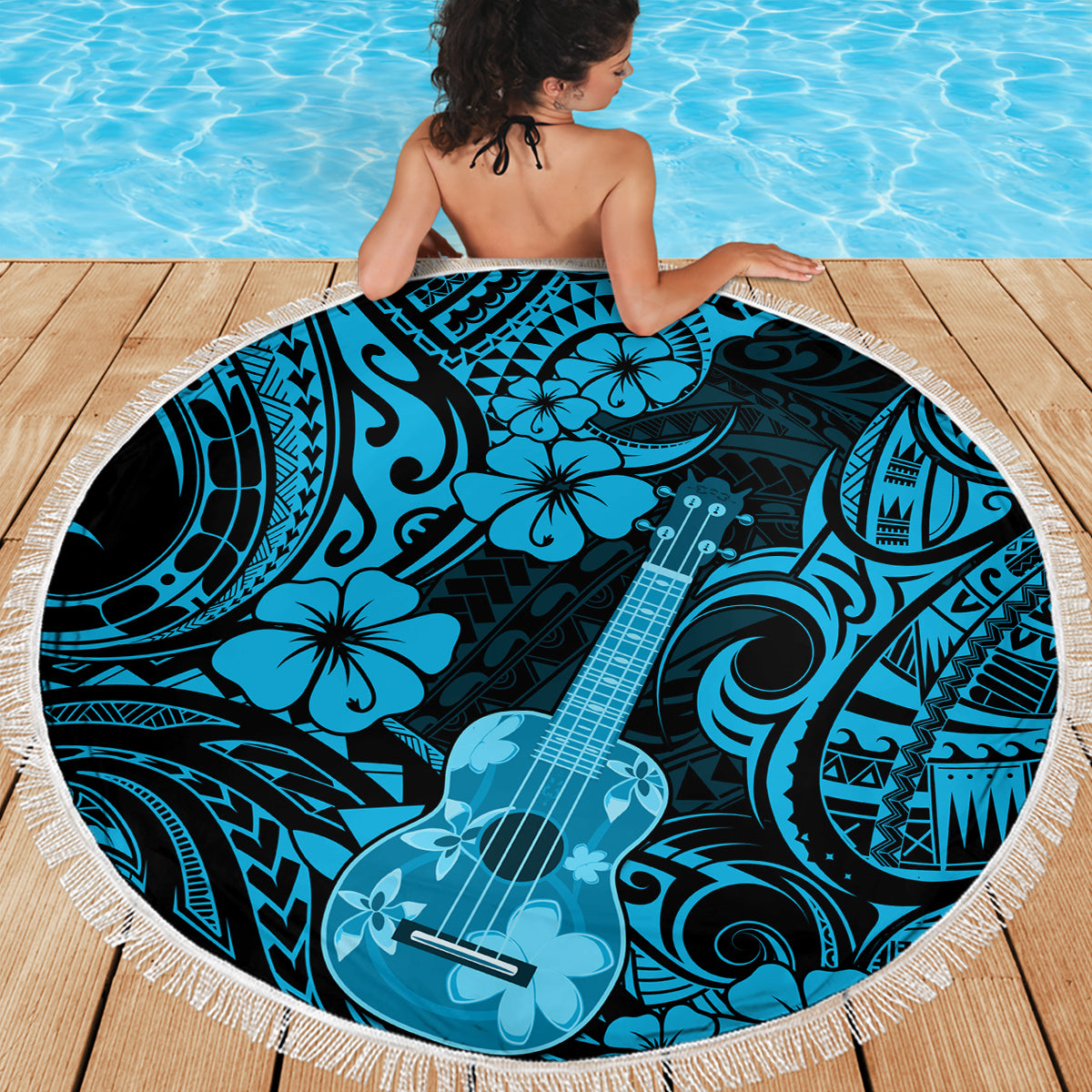 Hawaii Ukulele Beach Blanket Polynesian Pattern Sky Blue Version - Wonder Print Shop