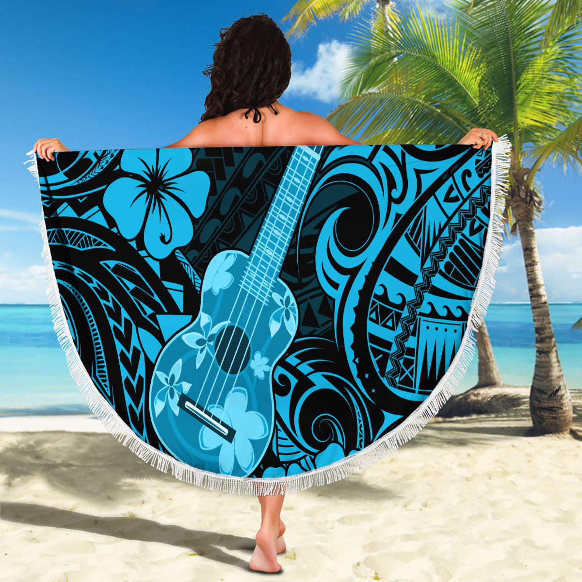 Hawaii Ukulele Beach Blanket Polynesian Pattern Sky Blue Version - Wonder Print Shop