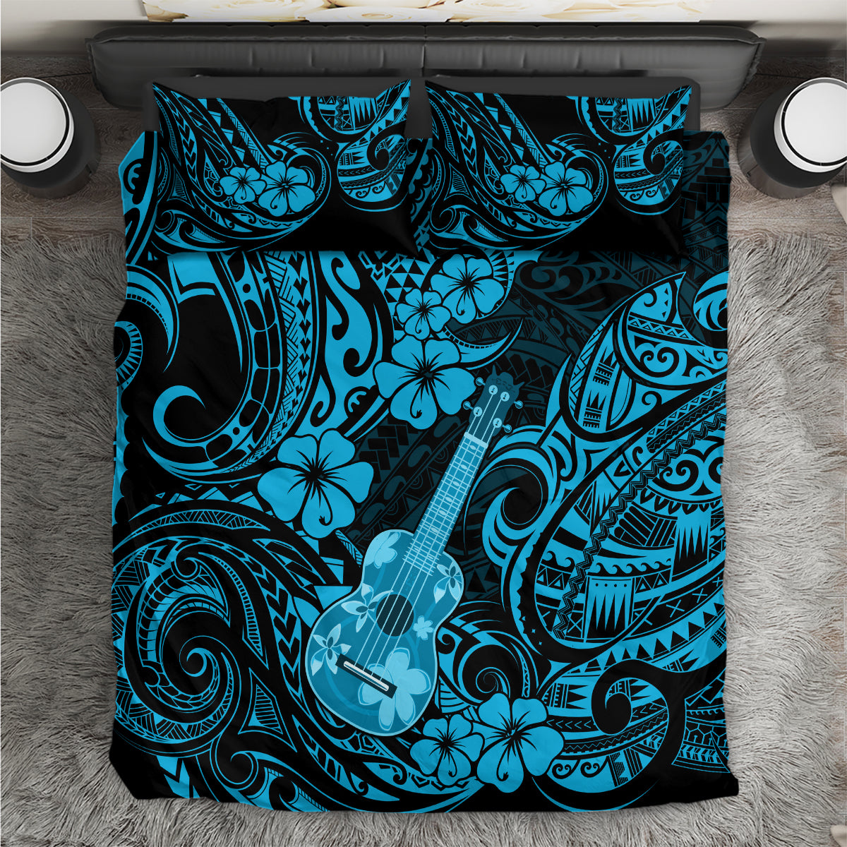 Hawaii Ukulele Bedding Set Polynesian Pattern Sky Blue Version - Wonder Print Shop