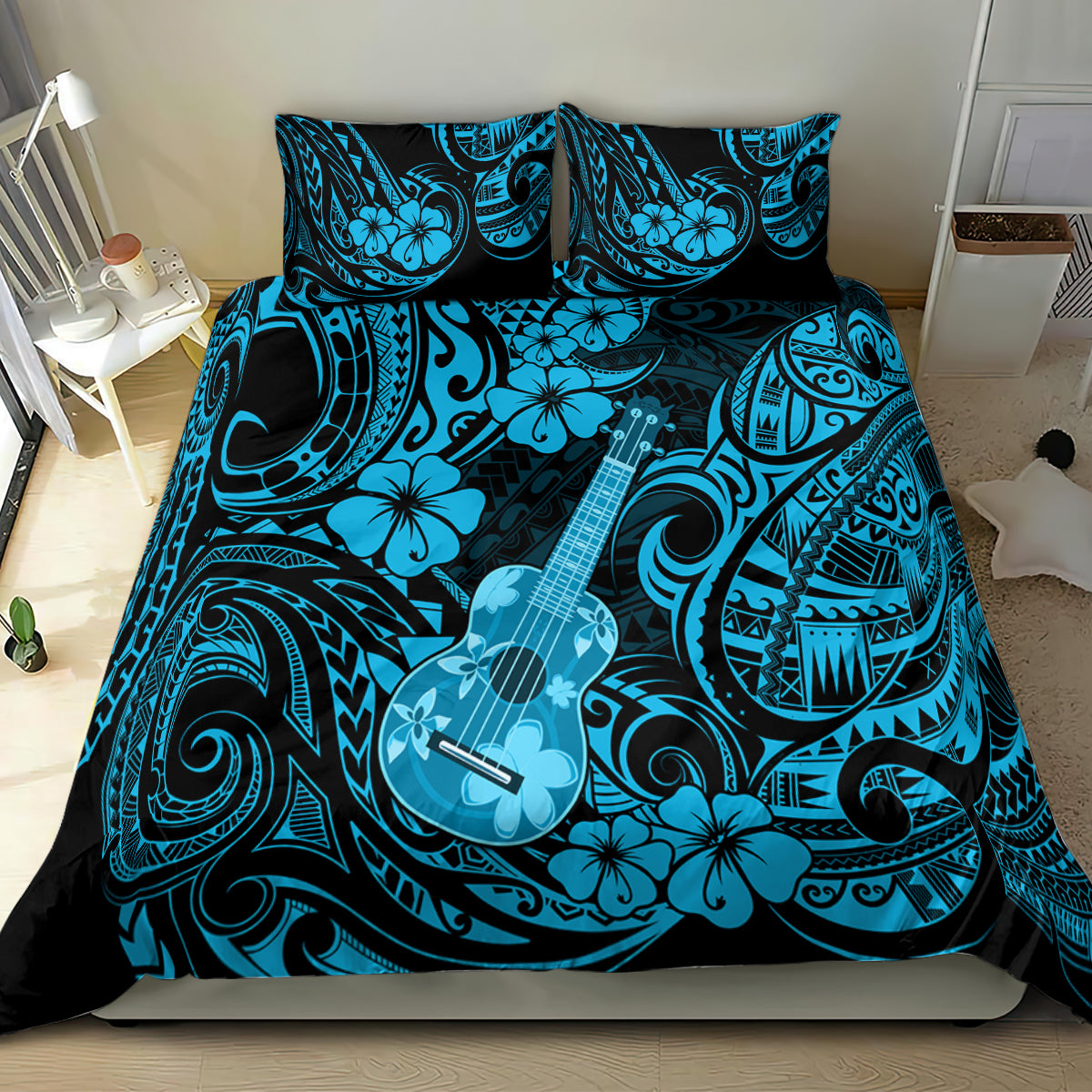 Hawaii Ukulele Bedding Set Polynesian Pattern Sky Blue Version - Wonder Print Shop
