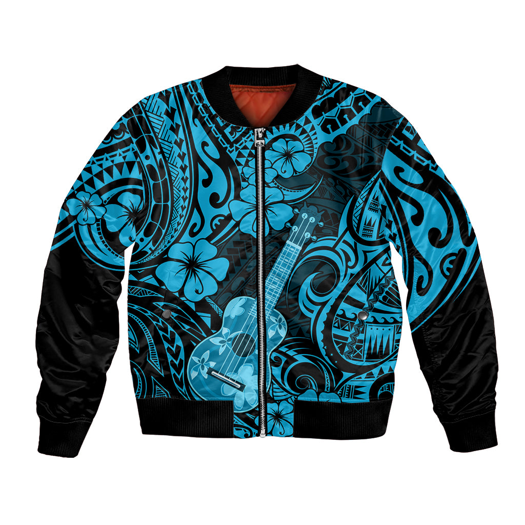 Hawaii Ukulele Bomber Jacket Polynesian Pattern Sky Blue Version - Wonder Print Shop