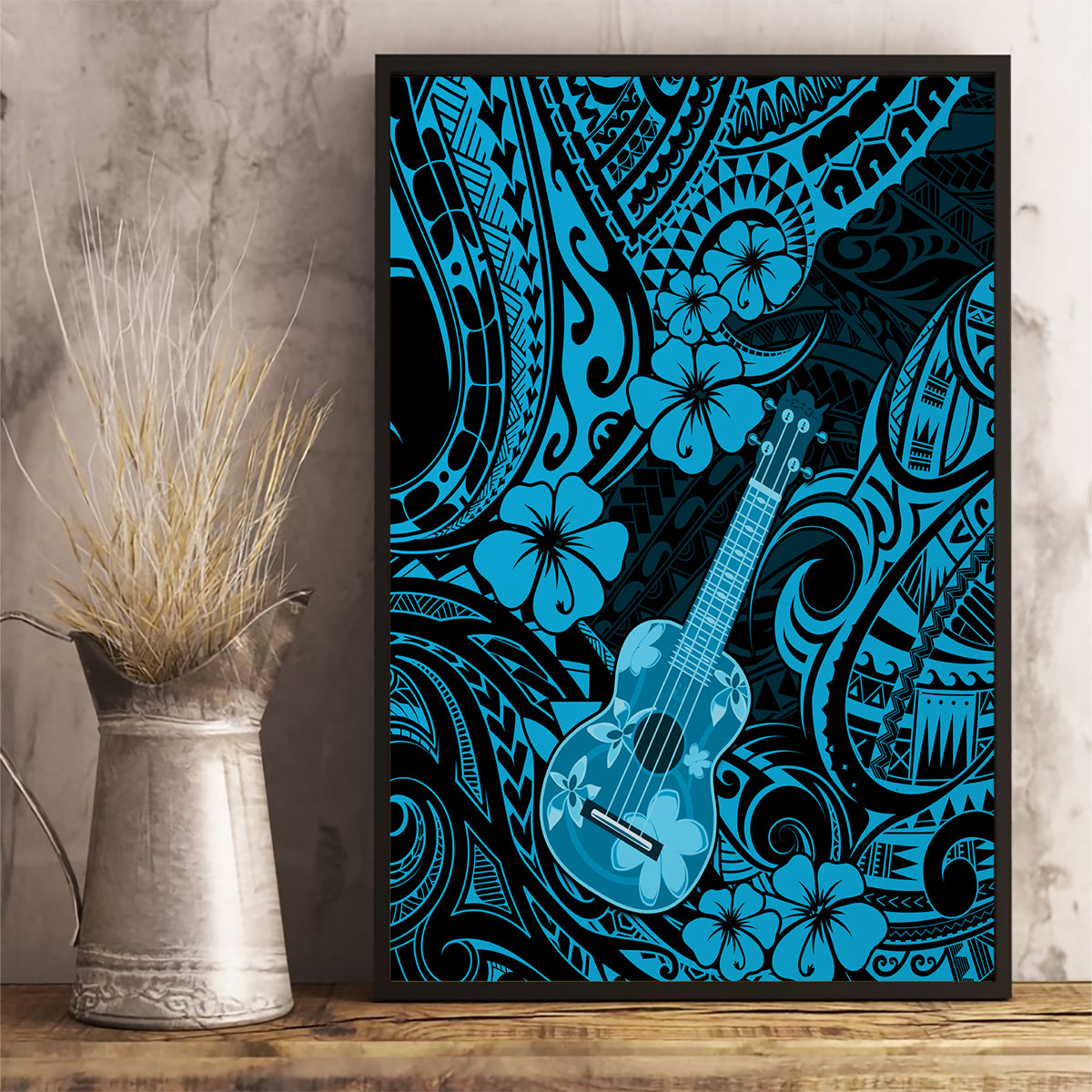 Hawaii Ukulele Canvas Wall Art Polynesian Pattern Sky Blue Version - Wonder Print Shop