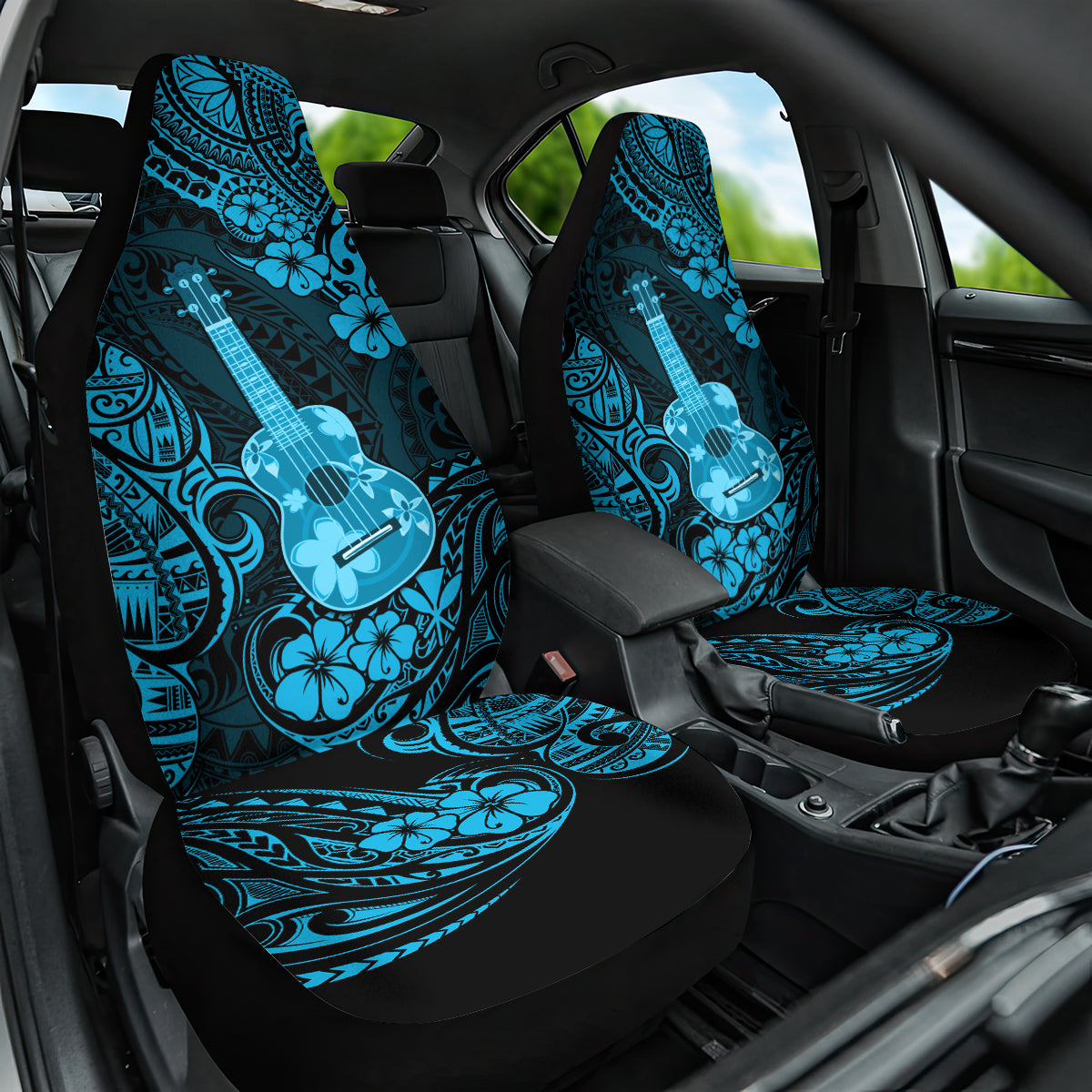 Hawaii Ukulele Car Seat Cover Polynesian Pattern Sky Blue Version - Wonder Print Shop