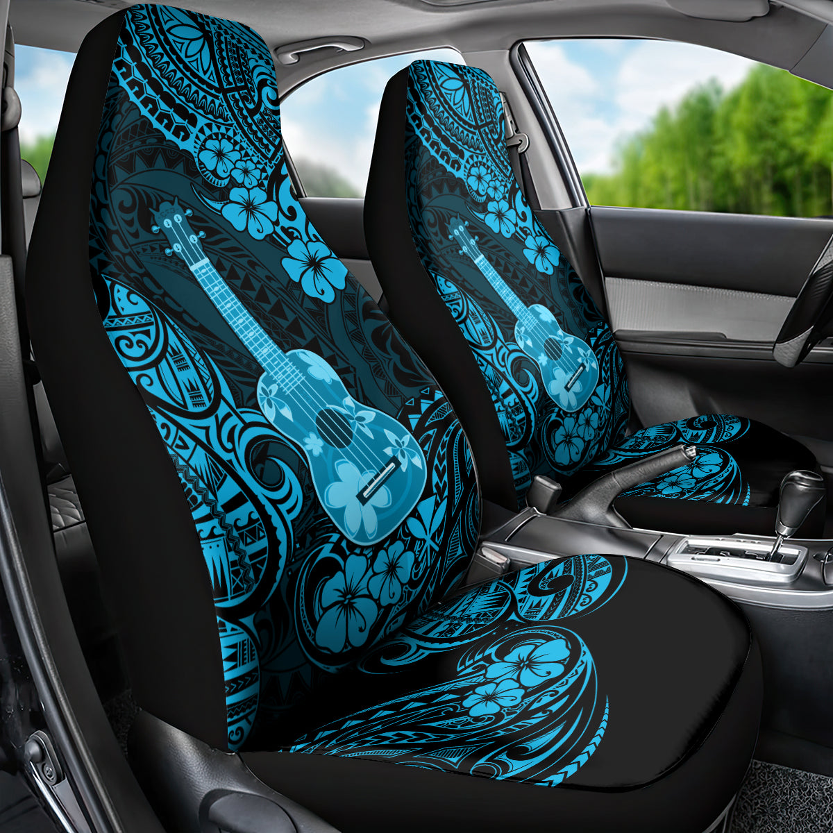 Hawaii Ukulele Car Seat Cover Polynesian Pattern Sky Blue Version - Wonder Print Shop