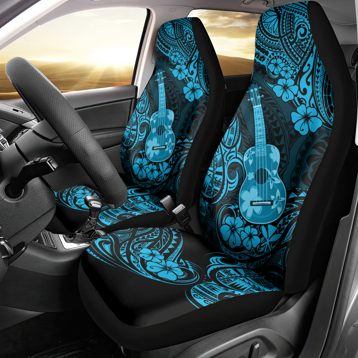 Hawaii Ukulele Car Seat Cover Polynesian Pattern Sky Blue Version - Wonder Print Shop