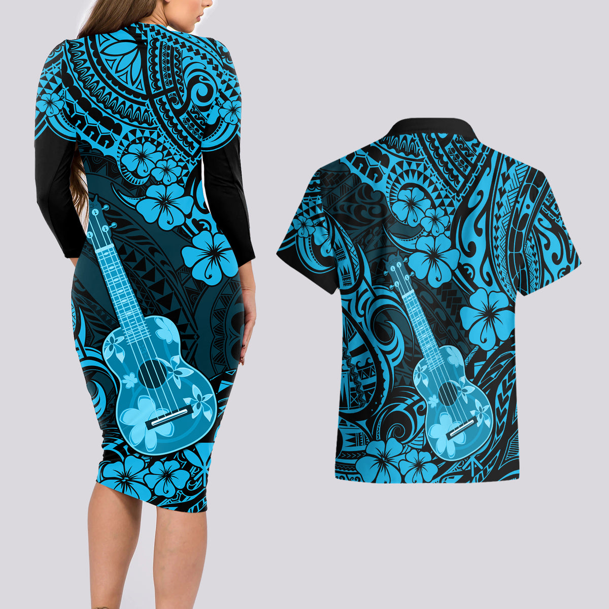 Hawaii Ukulele Couples Matching Long Sleeve Bodycon Dress and Hawaiian Shirt Polynesian Pattern Sky Blue Version - Wonder Print Shop