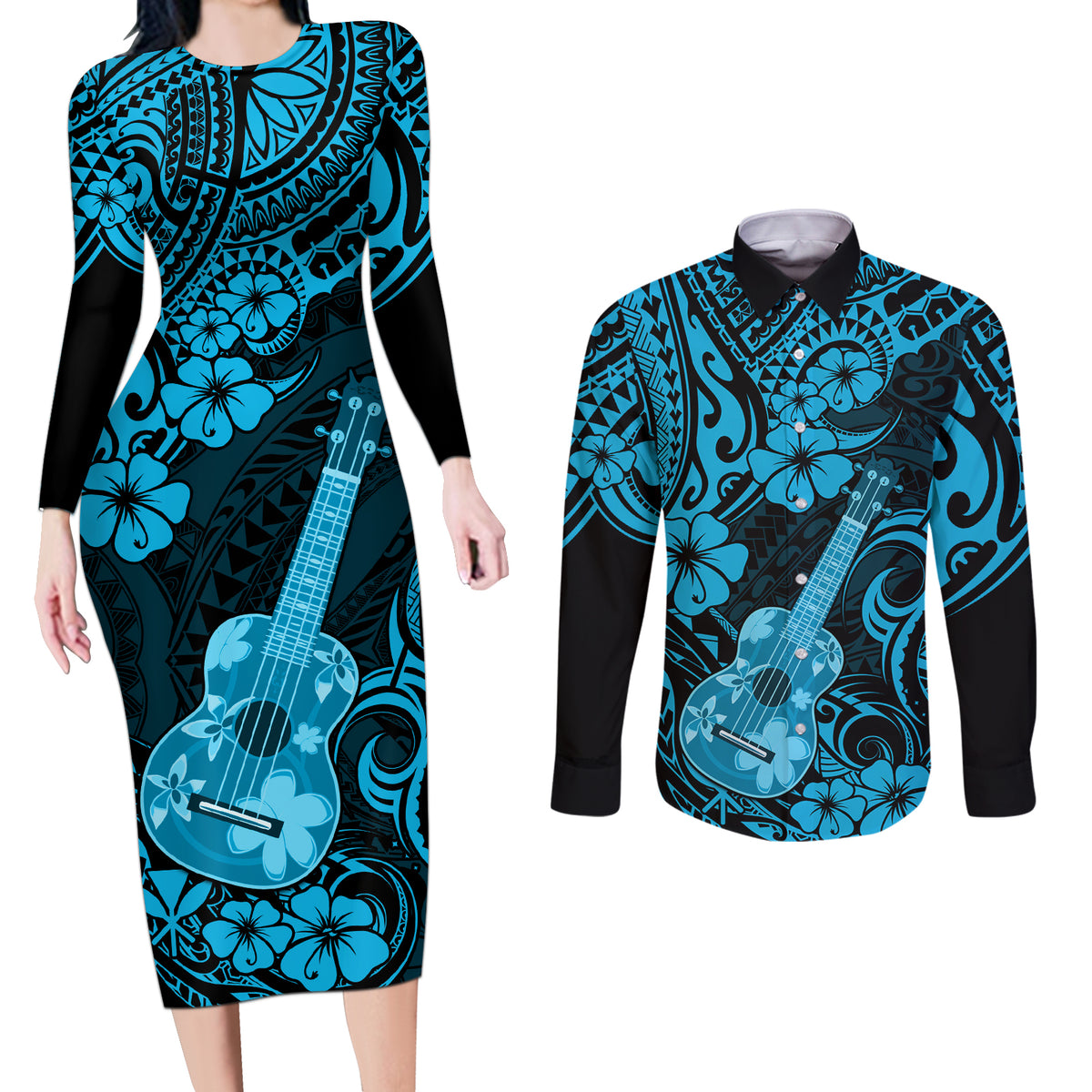 Hawaii Ukulele Couples Matching Long Sleeve Bodycon Dress and Long Sleeve Button Shirts Polynesian Pattern Sky Blue Version - Wonder Print Shop
