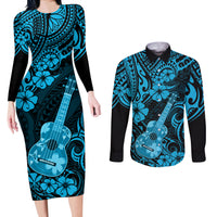 Hawaii Ukulele Couples Matching Long Sleeve Bodycon Dress and Long Sleeve Button Shirts Polynesian Pattern Sky Blue Version - Wonder Print Shop