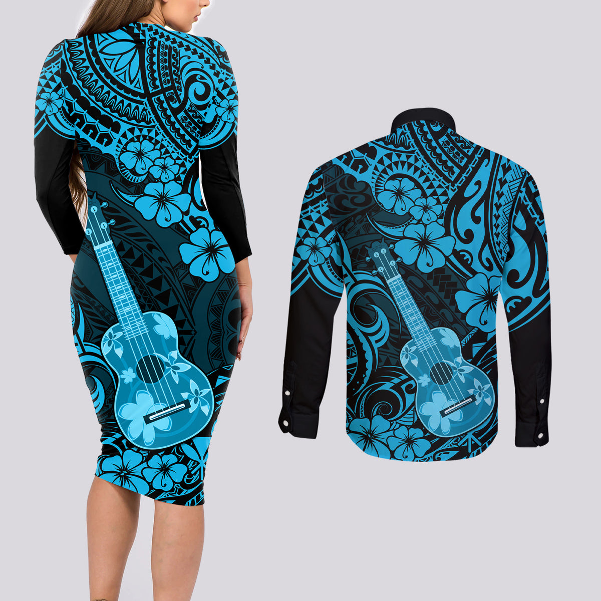 Hawaii Ukulele Couples Matching Long Sleeve Bodycon Dress and Long Sleeve Button Shirts Polynesian Pattern Sky Blue Version - Wonder Print Shop