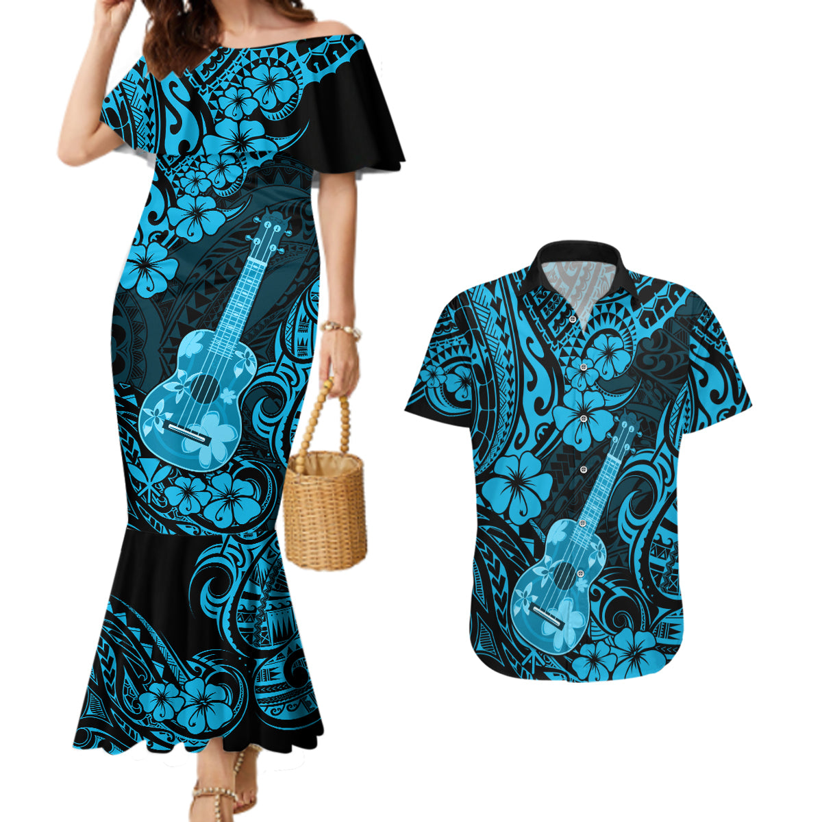 Hawaii Ukulele Couples Matching Mermaid Dress and Hawaiian Shirt Polynesian Pattern Sky Blue Version - Wonder Print Shop