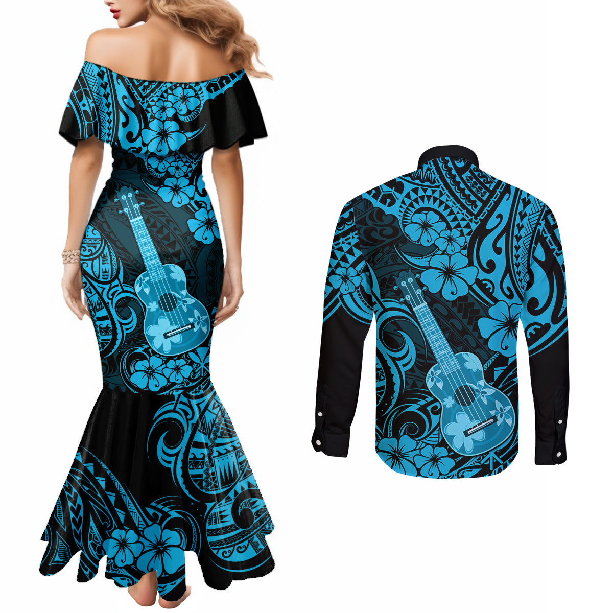 hawaii-ukulele-couples-matching-mermaid-dress-and-long-sleeve-button-shirts-polynesian-pattern-sky-blue-version