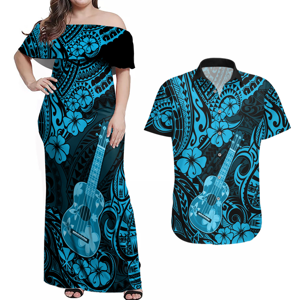 Hawaii Ukulele Couples Matching Off Shoulder Maxi Dress and Hawaiian Shirt Polynesian Pattern Sky Blue Version - Wonder Print Shop