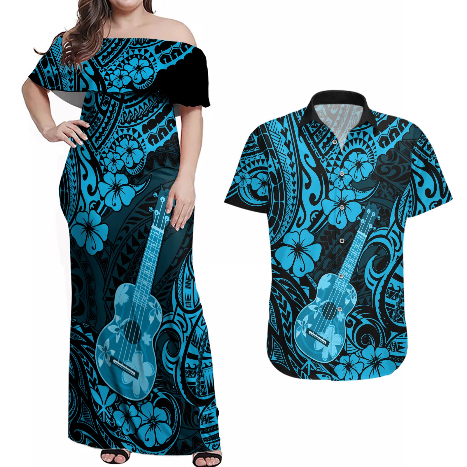 Hawaii Ukulele Couples Matching Off Shoulder Maxi Dress and Hawaiian Shirt Polynesian Pattern Sky Blue Version - Wonder Print Shop