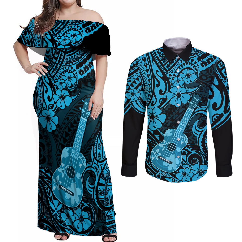 Hawaii Ukulele Couples Matching Off Shoulder Maxi Dress and Long Sleeve Button Shirts Polynesian Pattern Sky Blue Version - Wonder Print Shop