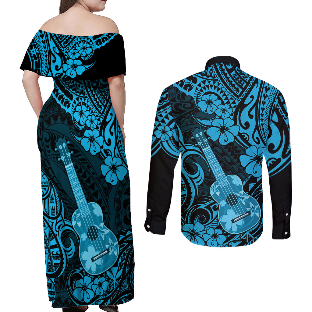 Hawaii Ukulele Couples Matching Off Shoulder Maxi Dress and Long Sleeve Button Shirts Polynesian Pattern Sky Blue Version - Wonder Print Shop
