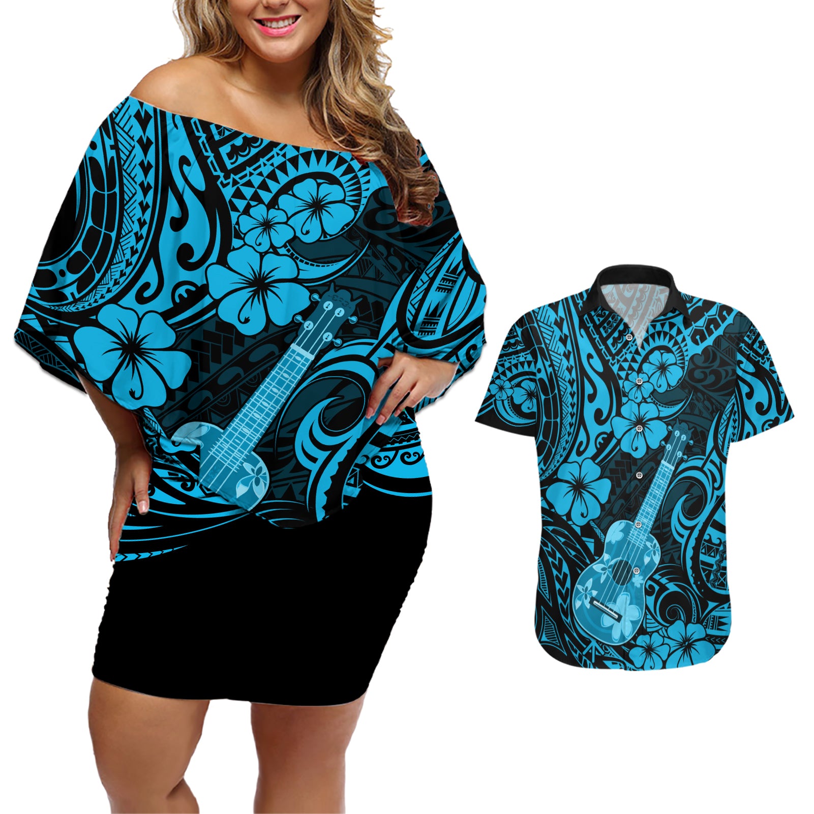 Hawaii Ukulele Couples Matching Off Shoulder Short Dress and Hawaiian Shirt Polynesian Pattern Sky Blue Version - Wonder Print Shop