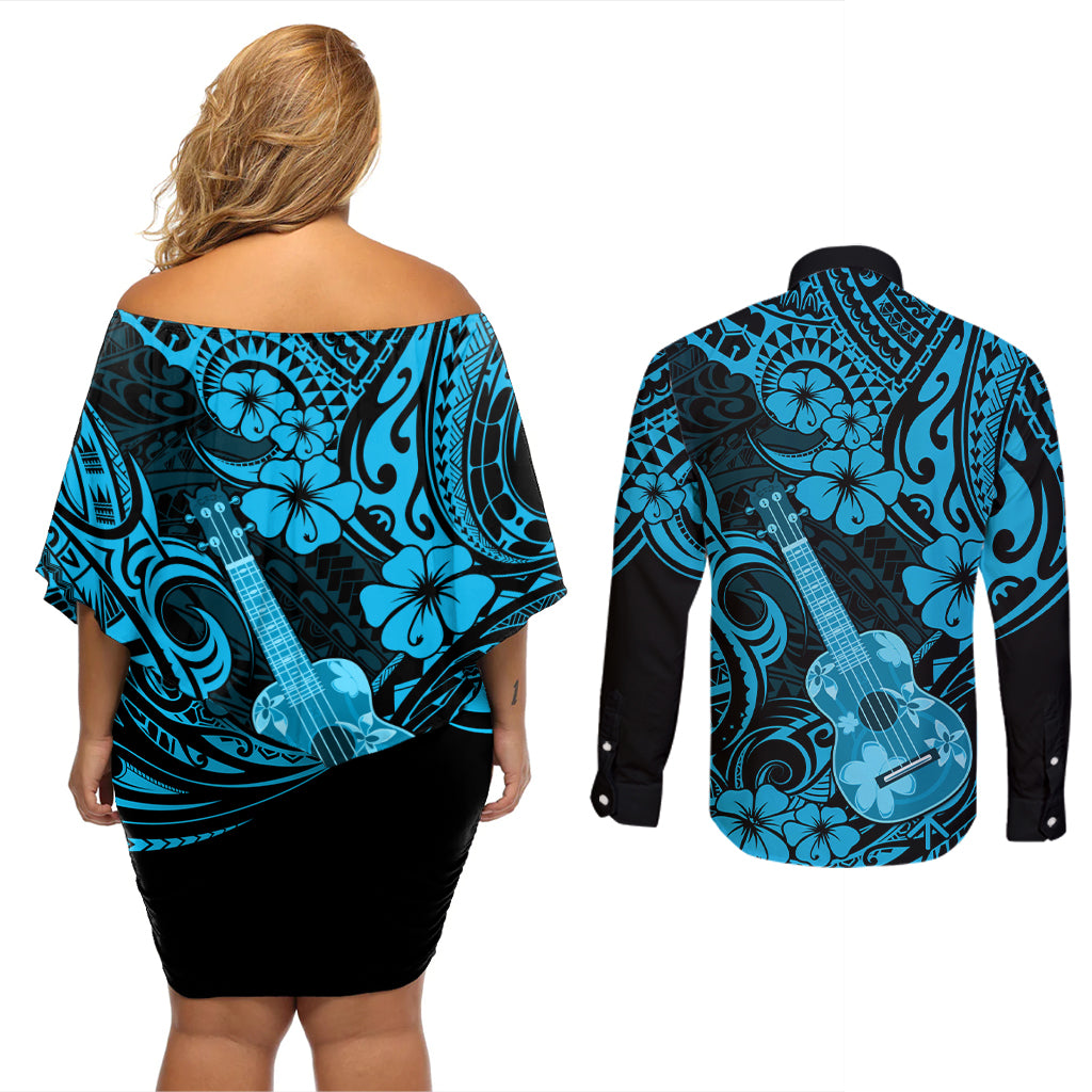 Hawaii Ukulele Couples Matching Off Shoulder Short Dress and Long Sleeve Button Shirts Polynesian Pattern Sky Blue Version - Wonder Print Shop