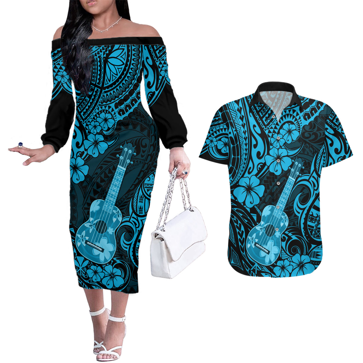Hawaii Ukulele Couples Matching Off The Shoulder Long Sleeve Dress and Hawaiian Shirt Polynesian Pattern Sky Blue Version - Wonder Print Shop
