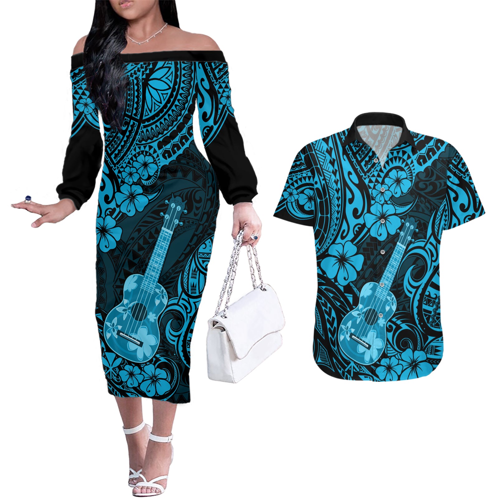 Hawaii Ukulele Couples Matching Off The Shoulder Long Sleeve Dress and Hawaiian Shirt Polynesian Pattern Sky Blue Version - Wonder Print Shop