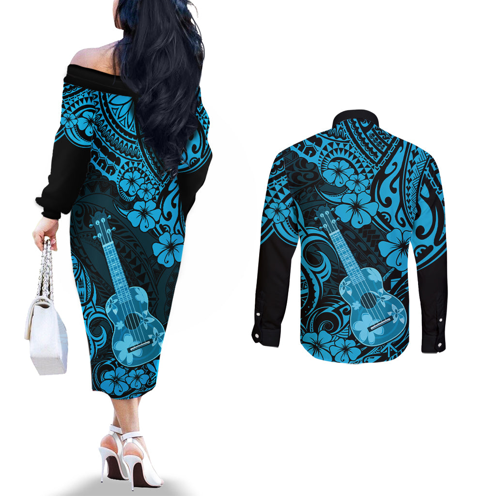 hawaii-ukulele-couples-matching-off-the-shoulder-long-sleeve-dress-and-long-sleeve-button-shirts-polynesian-pattern-sky-blue-version