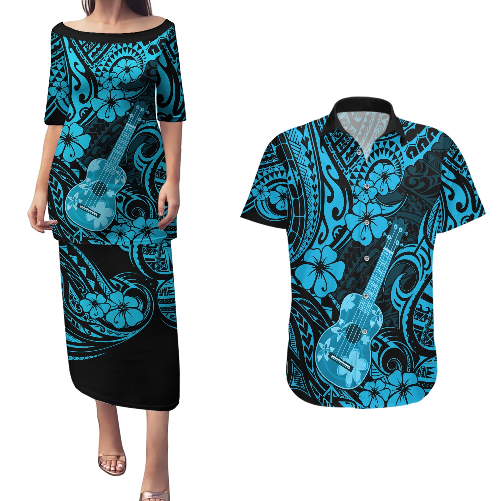 Hawaii Ukulele Couples Matching Puletasi Dress and Hawaiian Shirt Polynesian Pattern Sky Blue Version - Wonder Print Shop