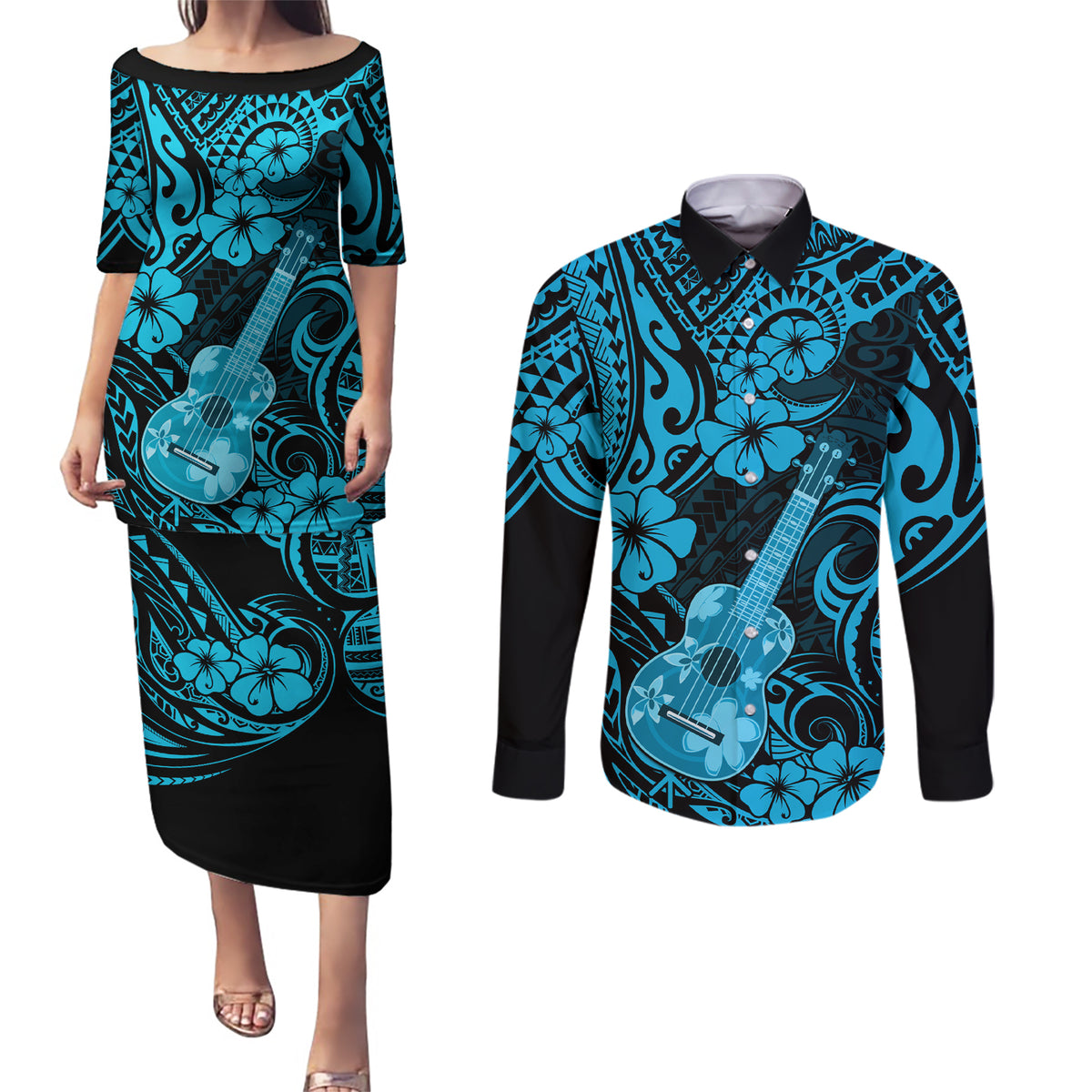 Hawaii Ukulele Couples Matching Puletasi Dress and Long Sleeve Button Shirts Polynesian Pattern Sky Blue Version - Wonder Print Shop