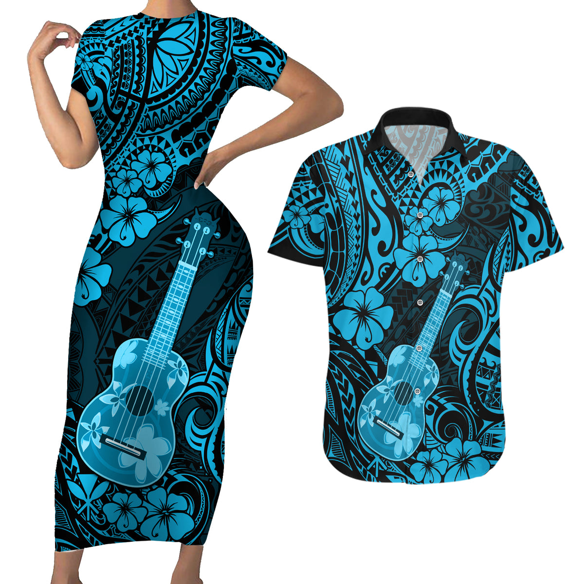 Hawaii Ukulele Couples Matching Short Sleeve Bodycon Dress and Hawaiian Shirt Polynesian Pattern Sky Blue Version - Wonder Print Shop