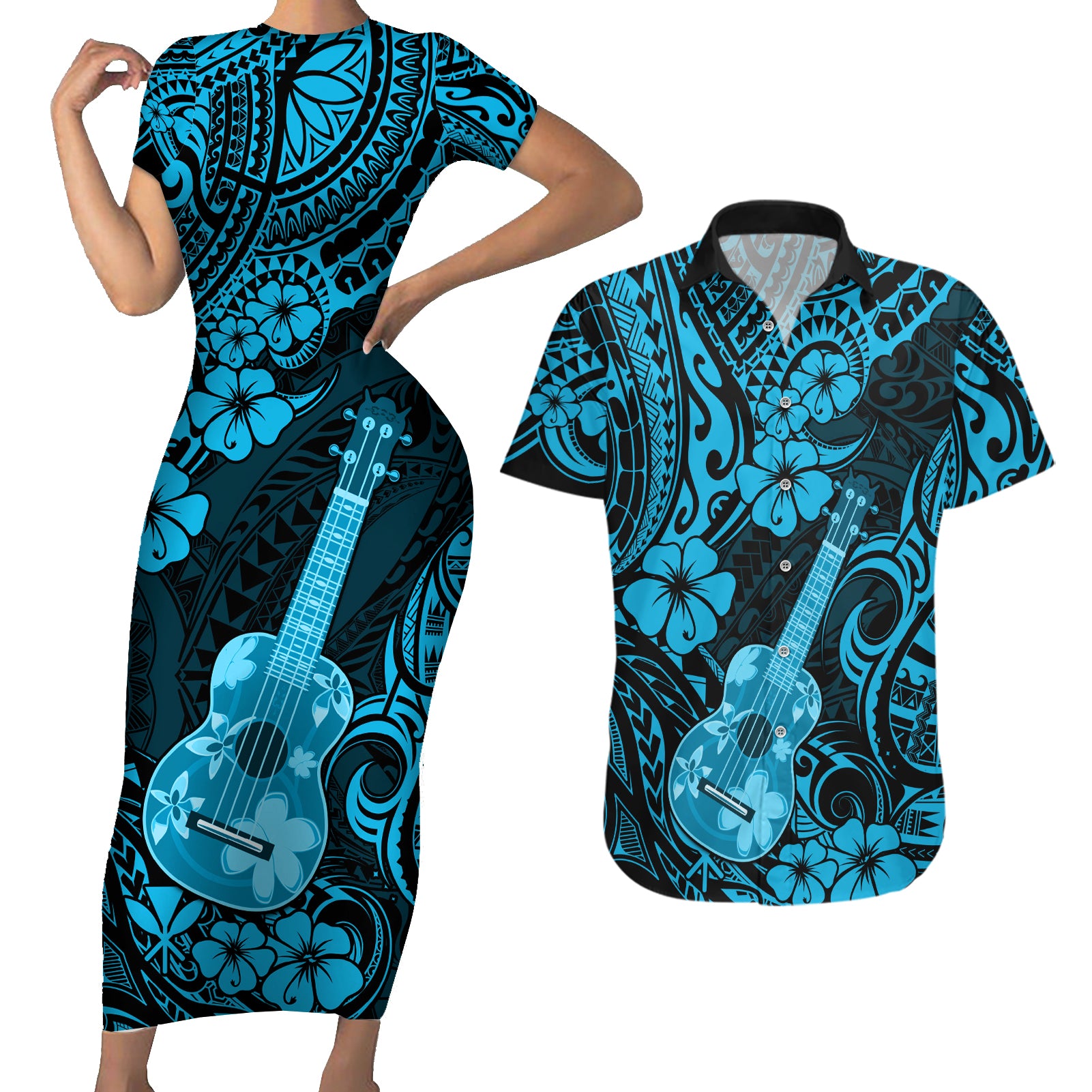 Hawaii Ukulele Couples Matching Short Sleeve Bodycon Dress and Hawaiian Shirt Polynesian Pattern Sky Blue Version - Wonder Print Shop