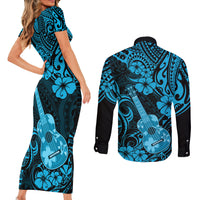 Hawaii Ukulele Couples Matching Short Sleeve Bodycon Dress and Long Sleeve Button Shirts Polynesian Pattern Sky Blue Version - Wonder Print Shop