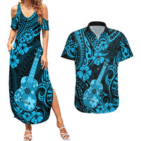 Hawaii Ukulele Couples Matching Summer Maxi Dress and Hawaiian Shirt Polynesian Pattern Sky Blue Version - Wonder Print Shop