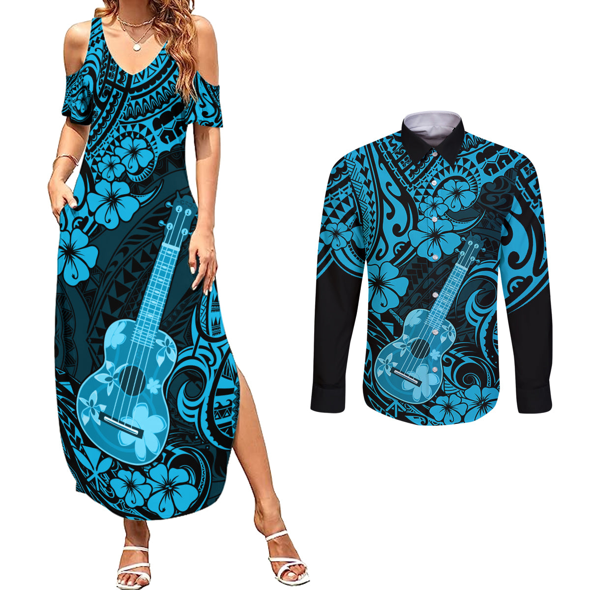 Hawaii Ukulele Couples Matching Summer Maxi Dress and Long Sleeve Button Shirts Polynesian Pattern Sky Blue Version - Wonder Print Shop
