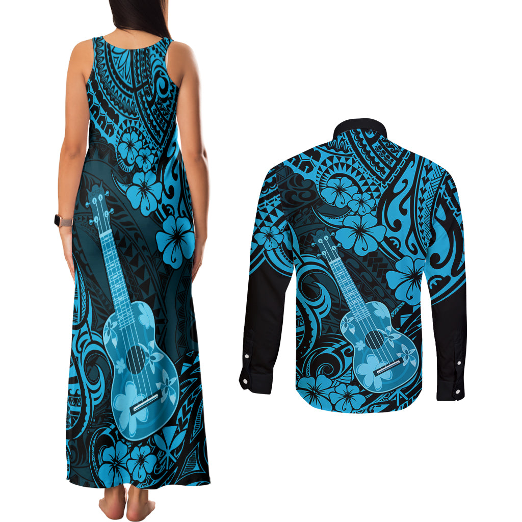 Hawaii Ukulele Couples Matching Tank Maxi Dress and Long Sleeve Button Shirts Polynesian Pattern Sky Blue Version - Wonder Print Shop