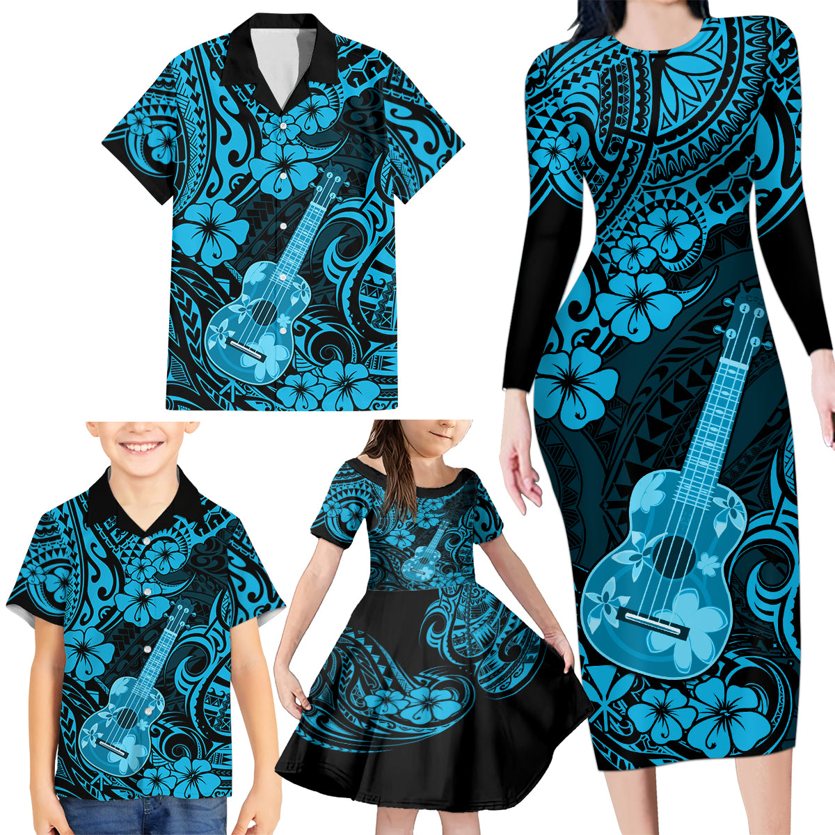 Hawaii Ukulele Family Matching Long Sleeve Bodycon Dress and Hawaiian Shirt Polynesian Pattern Sky Blue Version - Wonder Print Shop