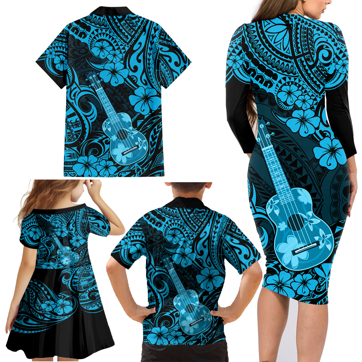 Hawaii Ukulele Family Matching Long Sleeve Bodycon Dress and Hawaiian Shirt Polynesian Pattern Sky Blue Version - Wonder Print Shop