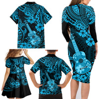 Hawaii Ukulele Family Matching Long Sleeve Bodycon Dress and Hawaiian Shirt Polynesian Pattern Sky Blue Version - Wonder Print Shop