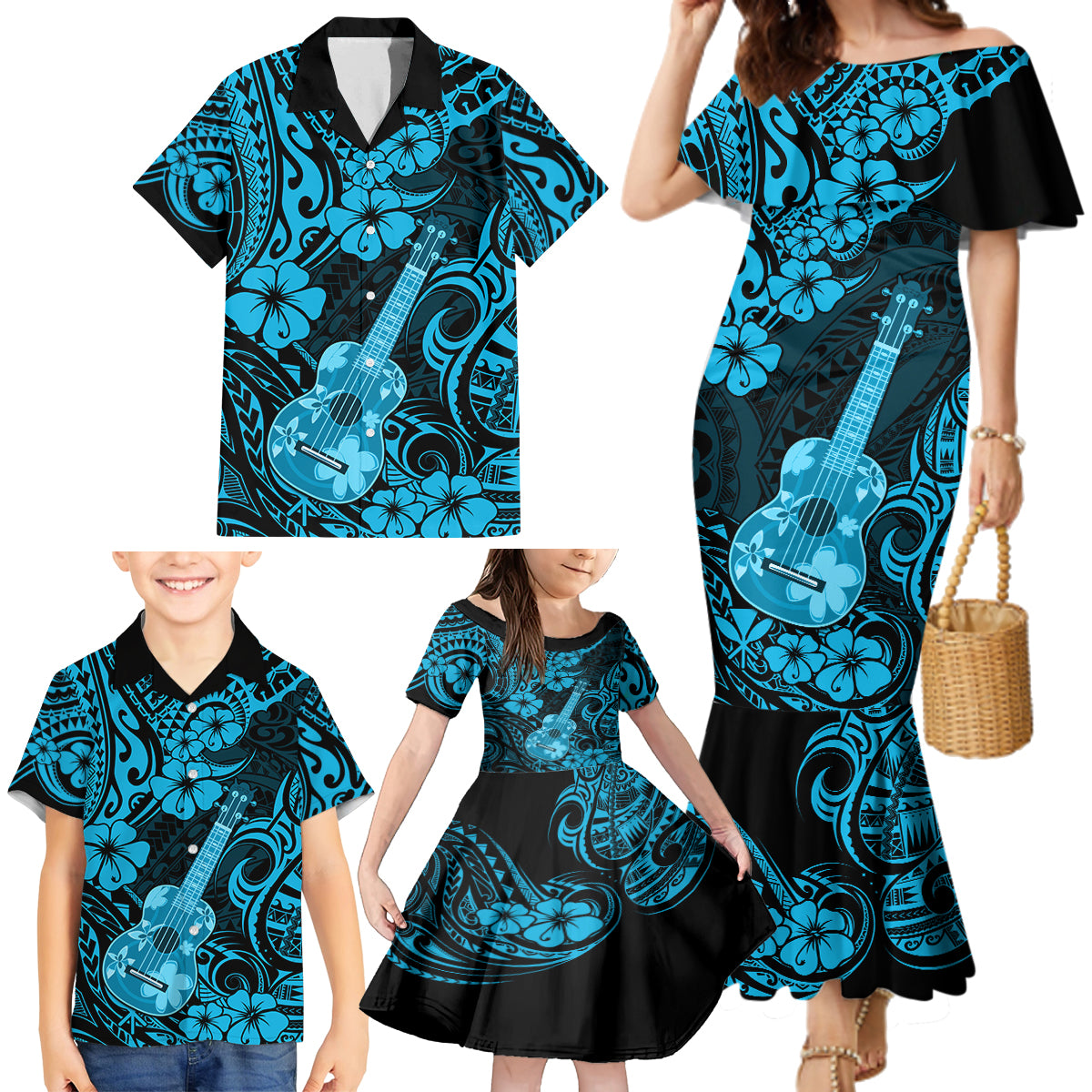 Hawaii Ukulele Family Matching Mermaid Dress and Hawaiian Shirt Polynesian Pattern Sky Blue Version - Wonder Print Shop