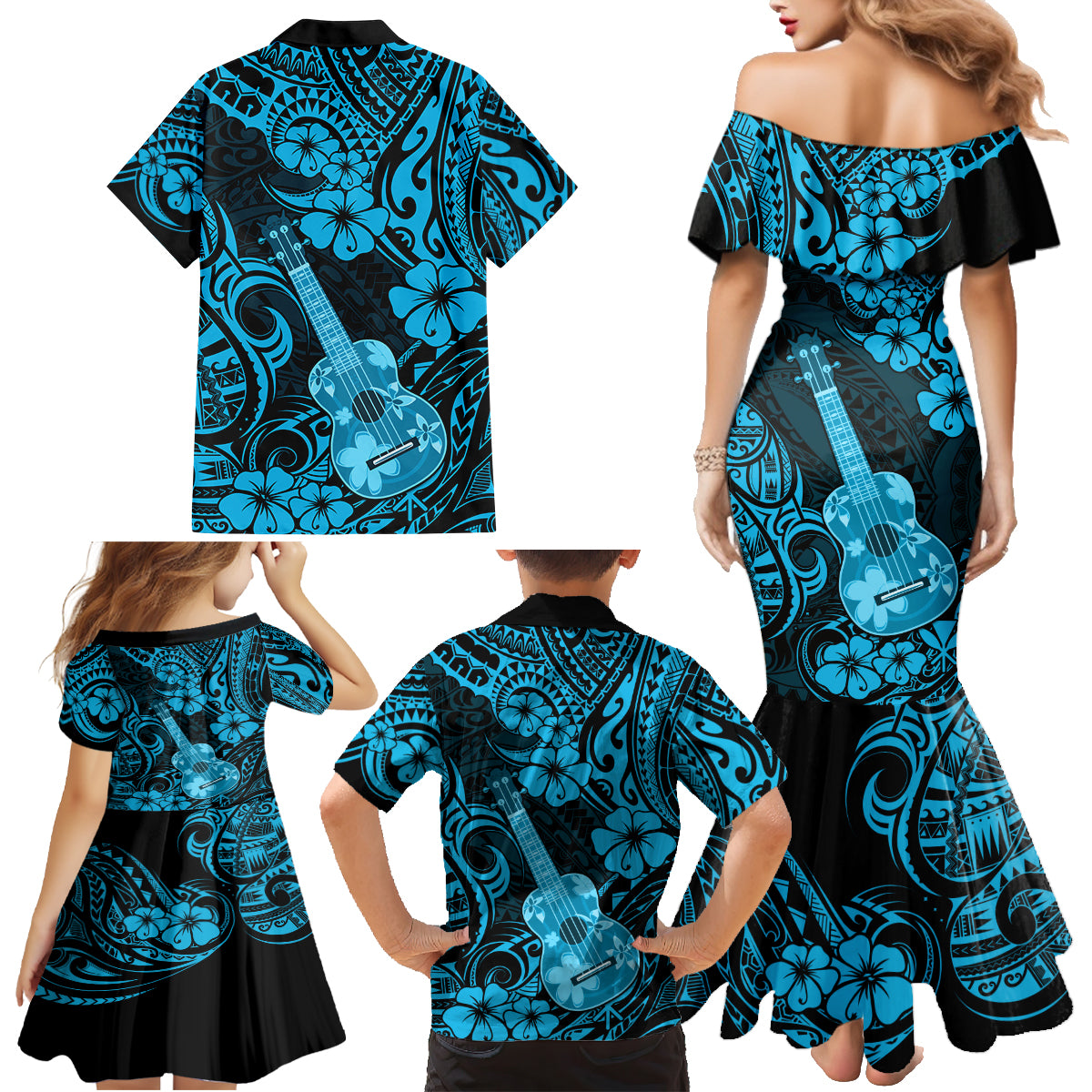 Hawaii Ukulele Family Matching Mermaid Dress and Hawaiian Shirt Polynesian Pattern Sky Blue Version - Wonder Print Shop