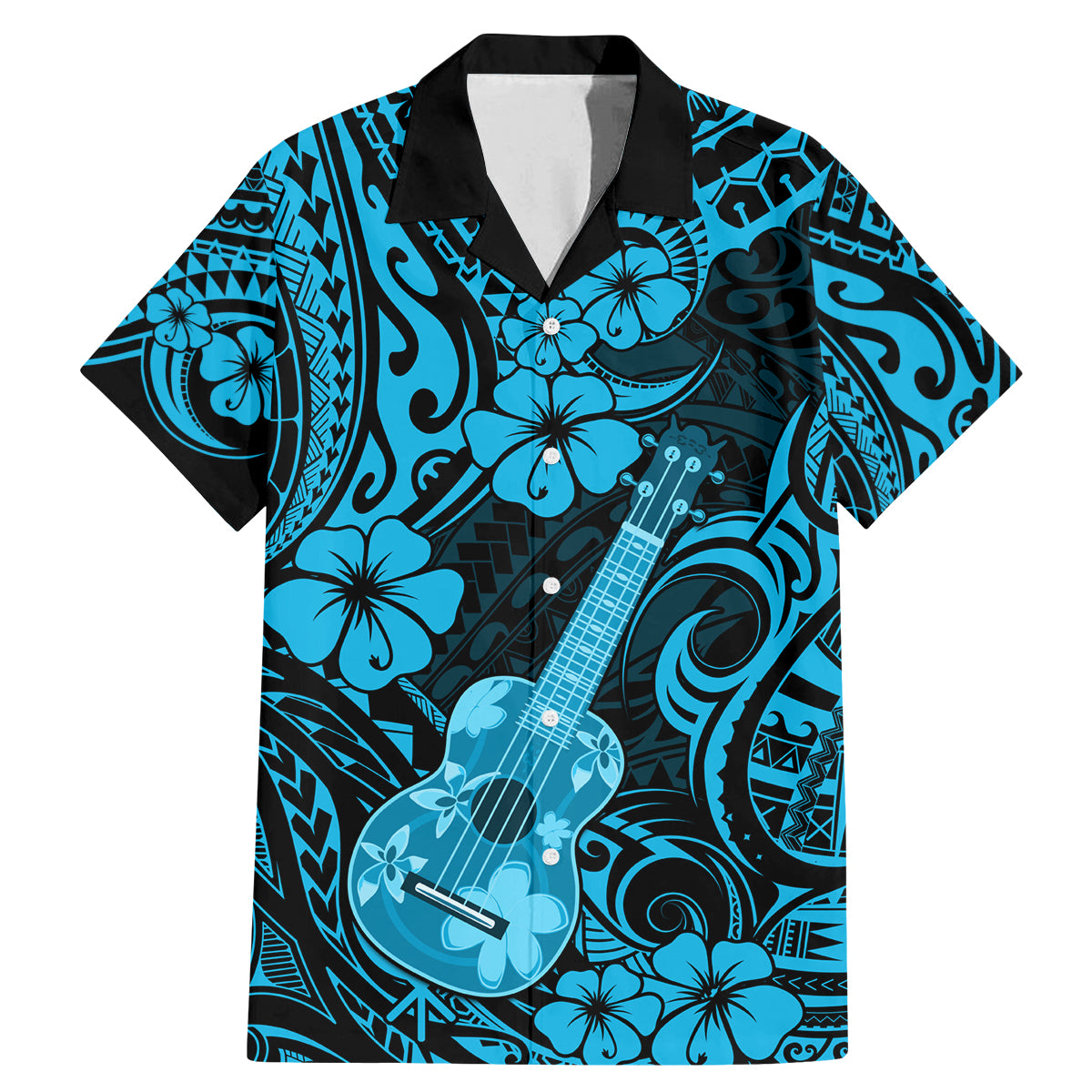 Hawaii Ukulele Family Matching Mermaid Dress and Hawaiian Shirt Polynesian Pattern Sky Blue Version - Wonder Print Shop