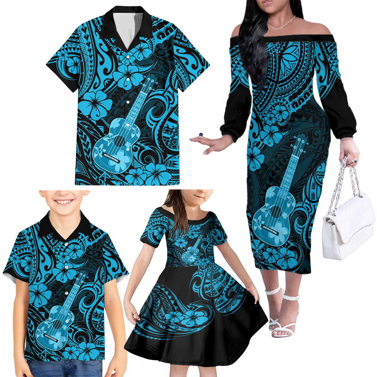 Hawaii Ukulele Family Matching Off Shoulder Long Sleeve Dress and Hawaiian Shirt Polynesian Pattern Sky Blue Version - Wonder Print Shop