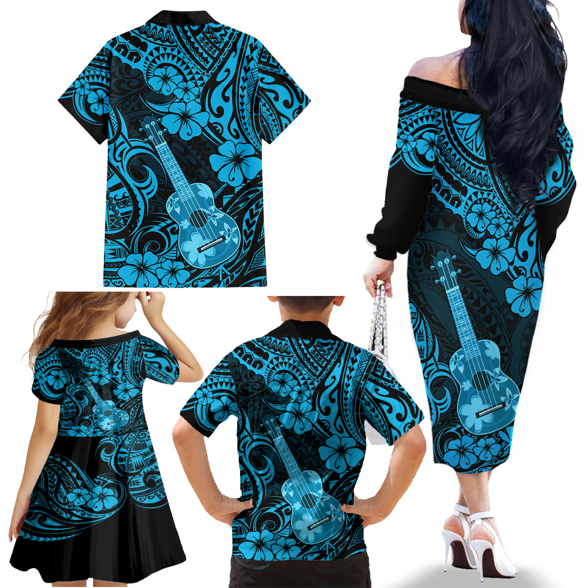 Hawaii Ukulele Family Matching Off Shoulder Long Sleeve Dress and Hawaiian Shirt Polynesian Pattern Sky Blue Version - Wonder Print Shop