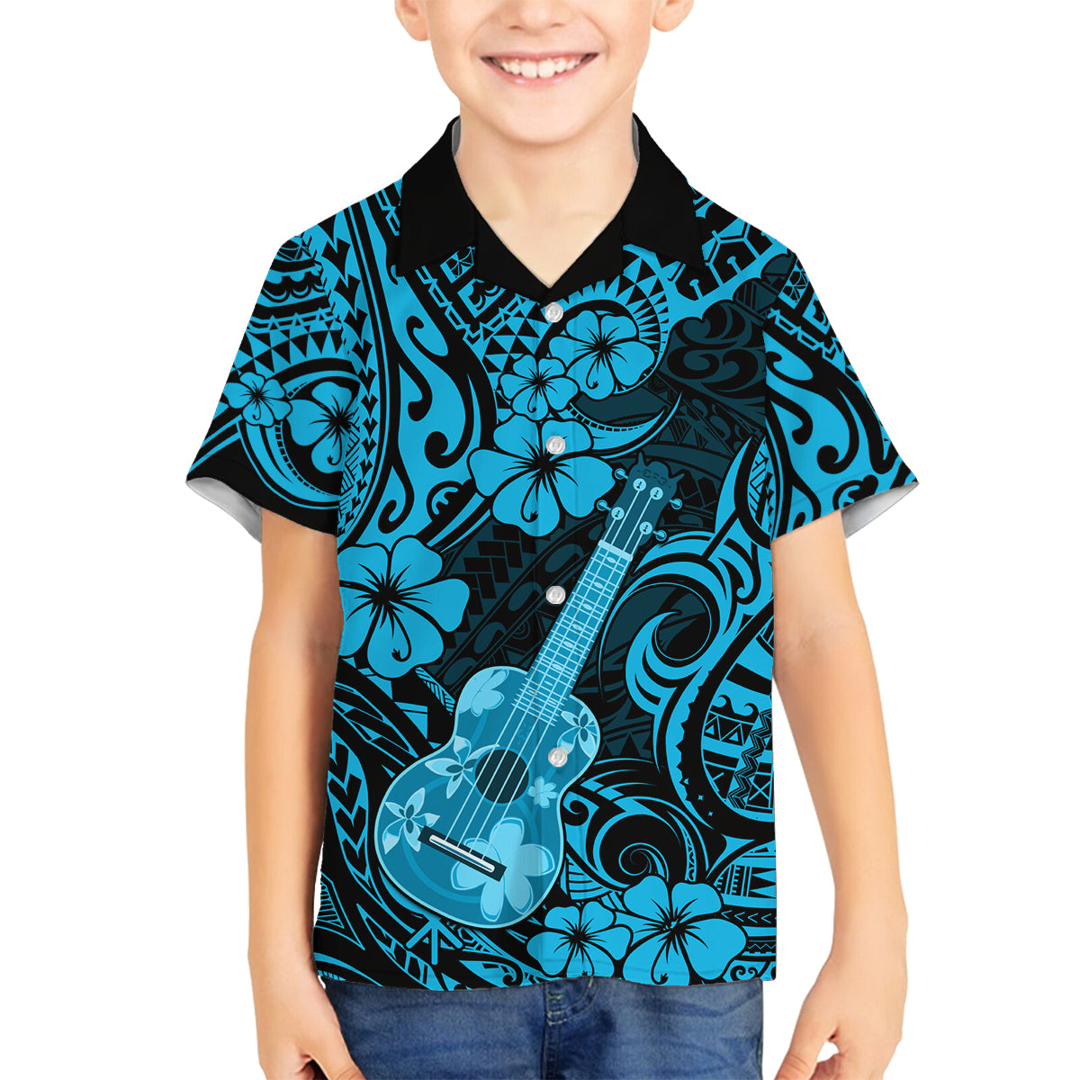 Hawaii Ukulele Family Matching Off Shoulder Long Sleeve Dress and Hawaiian Shirt Polynesian Pattern Sky Blue Version - Wonder Print Shop