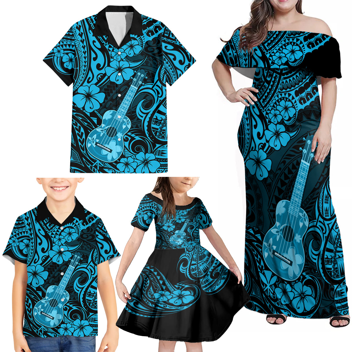 Hawaii Ukulele Family Matching Off Shoulder Maxi Dress and Hawaiian Shirt Polynesian Pattern Sky Blue Version - Wonder Print Shop