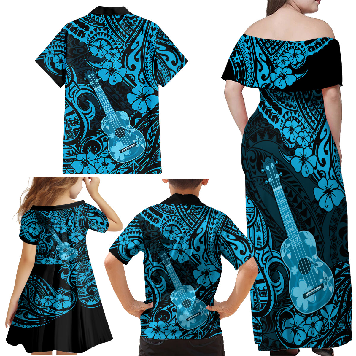 Hawaii Ukulele Family Matching Off Shoulder Maxi Dress and Hawaiian Shirt Polynesian Pattern Sky Blue Version - Wonder Print Shop