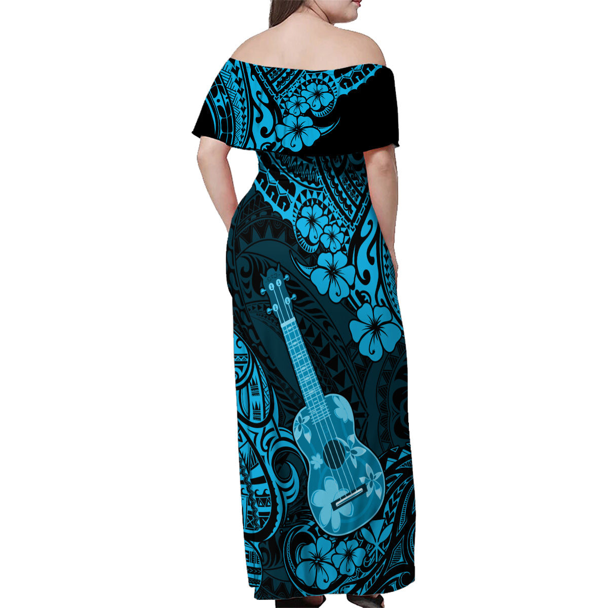 Hawaii Ukulele Family Matching Off Shoulder Maxi Dress and Hawaiian Shirt Polynesian Pattern Sky Blue Version - Wonder Print Shop