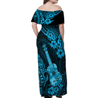 Hawaii Ukulele Family Matching Off Shoulder Maxi Dress and Hawaiian Shirt Polynesian Pattern Sky Blue Version - Wonder Print Shop