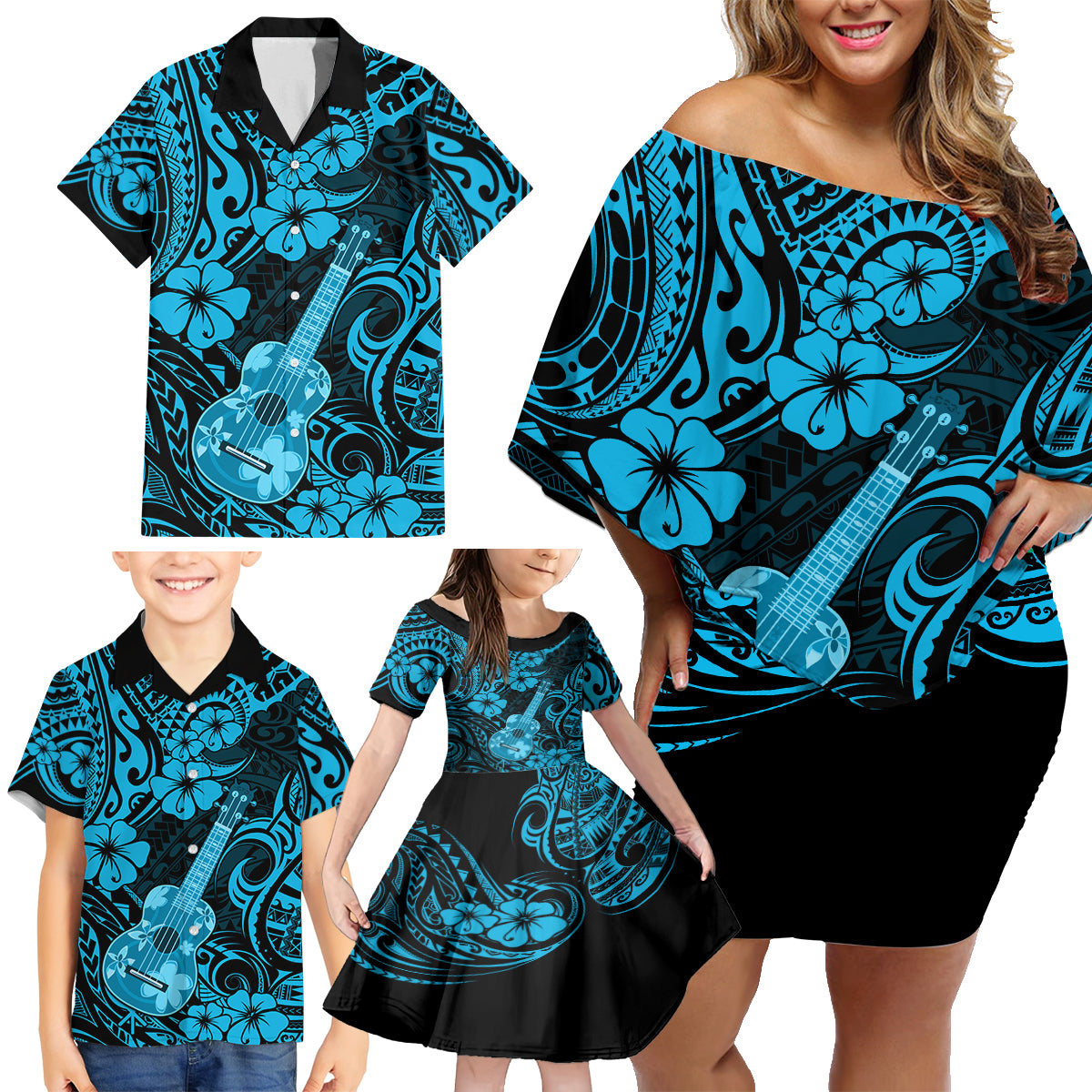 Hawaii Ukulele Family Matching Off Shoulder Short Dress and Hawaiian Shirt Polynesian Pattern Sky Blue Version - Wonder Print Shop