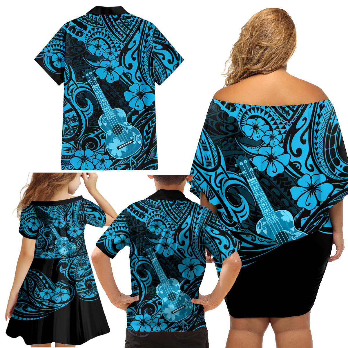 Hawaii Ukulele Family Matching Off Shoulder Short Dress and Hawaiian Shirt Polynesian Pattern Sky Blue Version - Wonder Print Shop