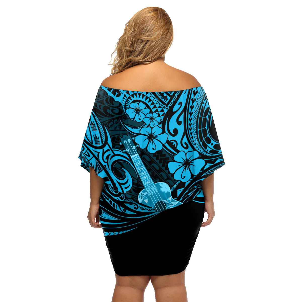 Hawaii Ukulele Family Matching Off Shoulder Short Dress and Hawaiian Shirt Polynesian Pattern Sky Blue Version - Wonder Print Shop