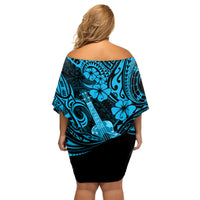 Hawaii Ukulele Family Matching Off Shoulder Short Dress and Hawaiian Shirt Polynesian Pattern Sky Blue Version - Wonder Print Shop